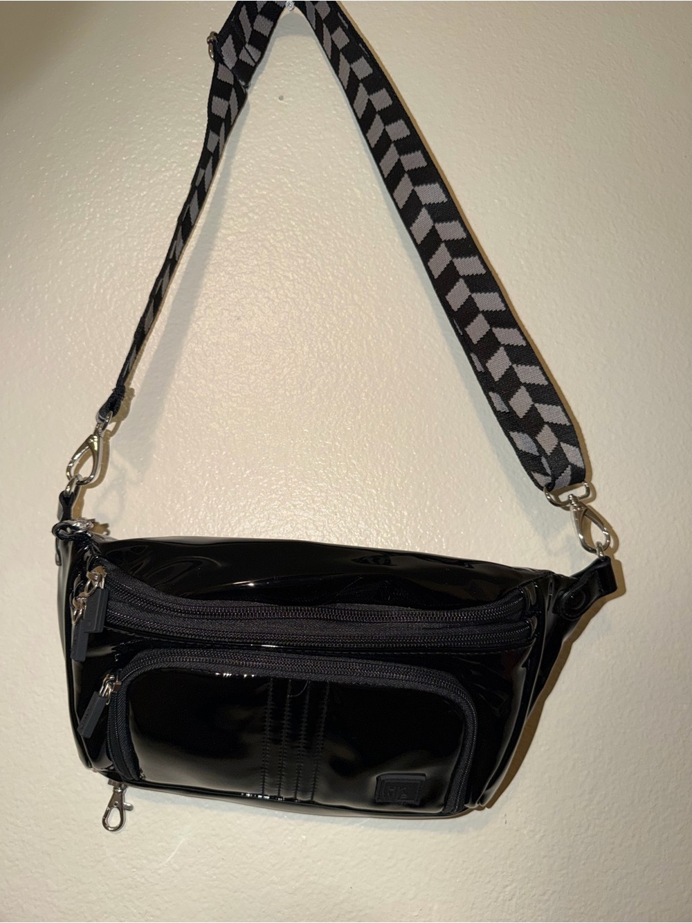 Glossy Black Women's Crossbody Bag with Patterned Removable Strap